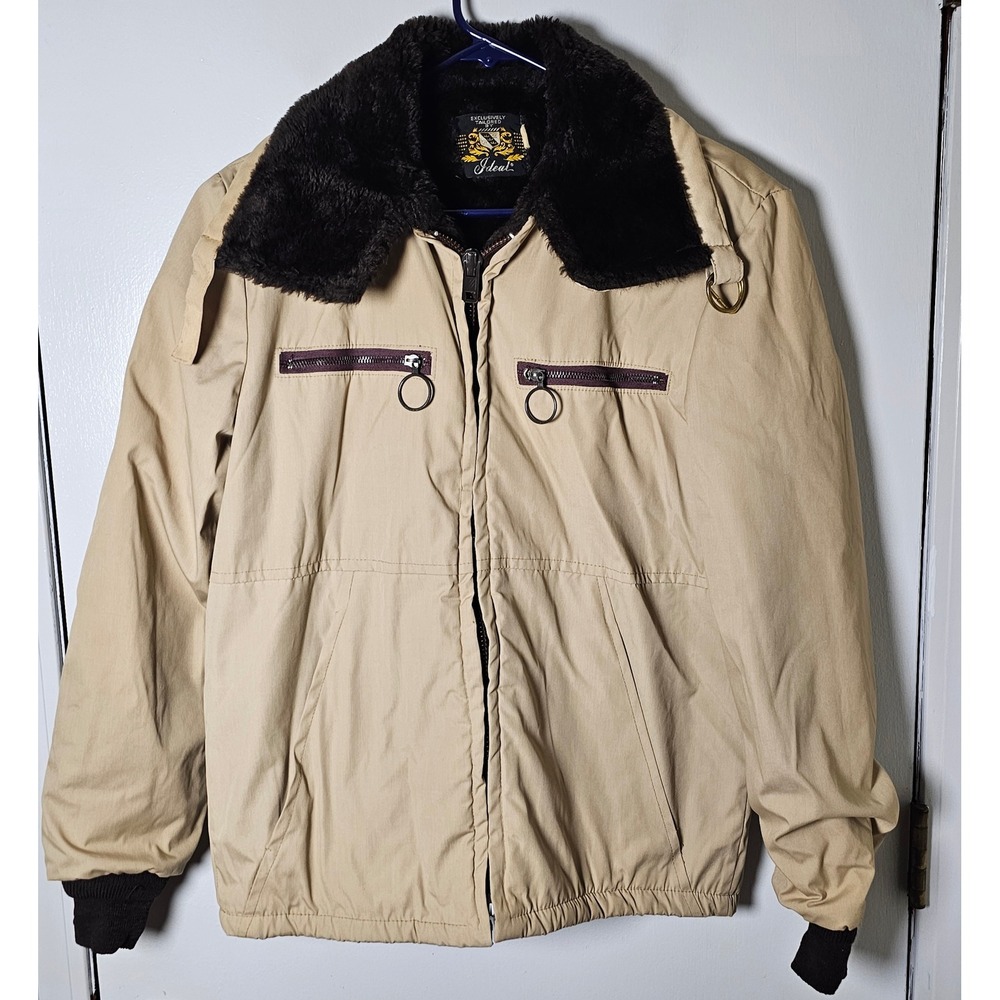 Vintage Ideal Men Tan Faux Fur Collar Bomber Jacket Size 38 Khaki Full Zip